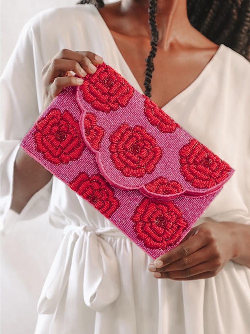 Lulus Womens Hand-Picked Dark Pink Red Beaded Flower Clutch Cotton Statement Bag